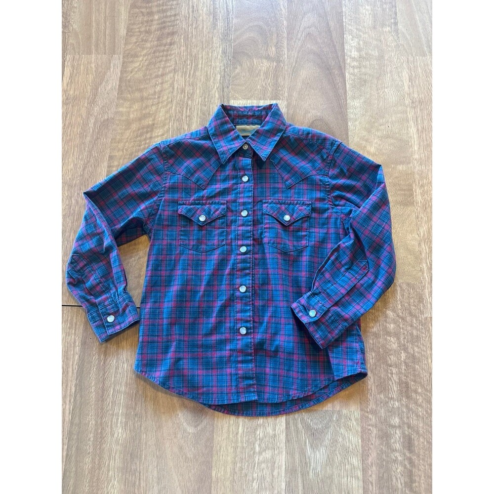 Vintage Wrangler kids pearl button up blue plaid collared western wear shirt